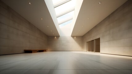 A modern and minimalist architecture. Interior of a spacious hall created with generative ai technology.