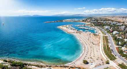 Fototapeta na wymiar Aerial view of the popular Glyfada coast, south Athens suburb, Greece, with beaches, marinas and turquoise sea