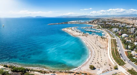Zelfklevend Fotobehang Athene Aerial view of the popular Glyfada coast, south Athens suburb, Greece, with beaches, marinas and turquoise sea