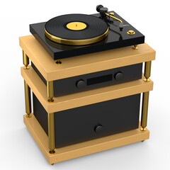 Fototapeta premium HiFi system with DJ turntable and amplifier on stand for home theater on white.