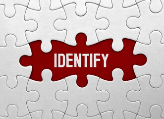 Fototapeta premium Word IDENTIFY on red puzzle background