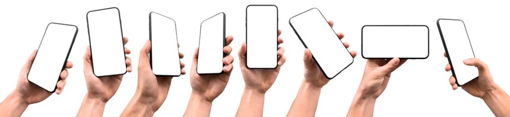 A set including hand holding a generic modern smartphone with a blank screen in various positions, comprising perspective, vertical, and horizontal versions - obrazy, fototapety, plakaty