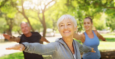 Yoga, fitness and an old couple with their personal trainer in a park for a health or active...