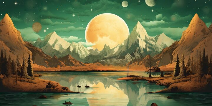 AI Generated. AI Generative.  Retro vintage engraving gravure illustration of outdoor mountain forest adventure landscape. Graphic Art - Powered by Adobe