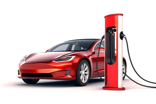 EV Charging Station For Electric Car In Concept, On White Background. Red Car. Generative AI