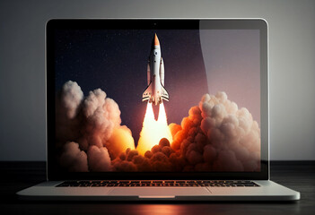 Rocket coming out of a laptop screen on a dark background. 3d rendering. generative ai