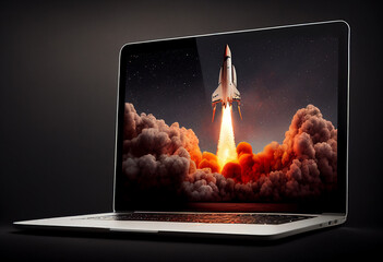 Rocket coming out of a laptop screen on a dark background. 3d rendering. generative ai