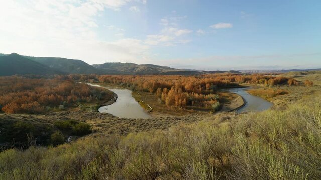 Pan of bow in Judith River on golden evening light