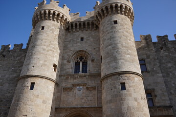 Fototapeta na wymiar The grand entrance the famous Knights Grand Master Palace also known as Castello. Rhodes Island, Greece, a symbol of Rhodes