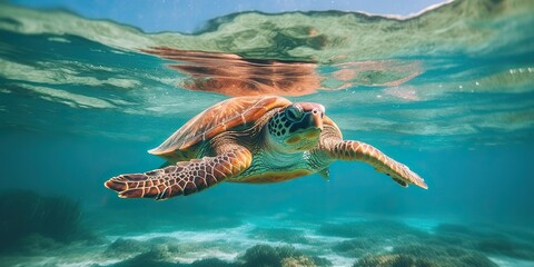 Obraz premium AI Generated. AI Generative. Photo realistic illustration of diving turtle under sea. Graphic Art