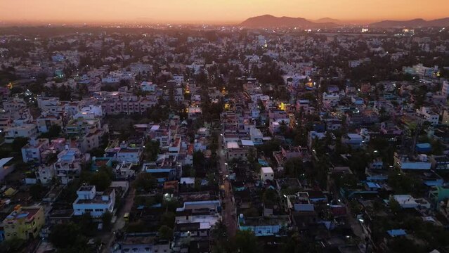 Beautiful aerial view of Chennai city during sunset, drone shots of cityscape at sunset
