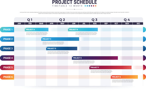 Project schedules template or Planning calendar. Business schedule timeline.