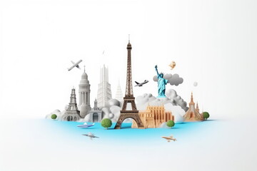 Travel concept around the world with landmarks, white background