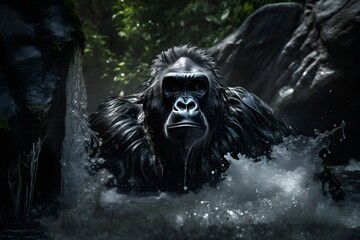 wet gorilla in the river and between the rocks, generative ai generated