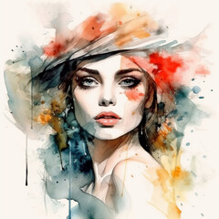 - Generative AI, Beautiful woman portrait, abstract watercolor, fashion background.