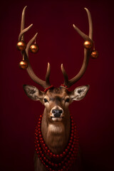 Deer with Christmas balls hanging on horns over red background. Winter holidays background. AI generative