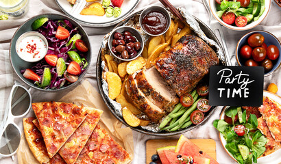 Family dinner or lunch. Many dishes on the table. Top view, copy space