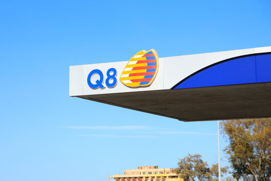 Close-up of an Q8 petrol station in Olbia, Sardinia - April 14 2023
