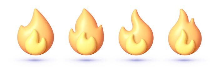Cartoon fire 3d set for concept design. Design element. Render sprite of fire emoji, energy and power concept. Vector illustration