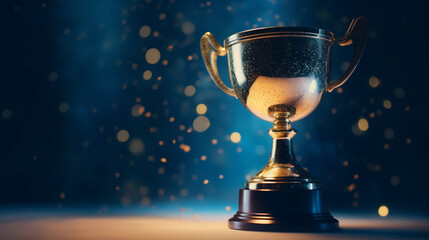 Captivating bokeh-filled soft blue background complements the shining gold trophy award Generative AI