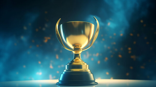Glowing gold trophy award on a soft blue background, representing triumph and success Generative AI