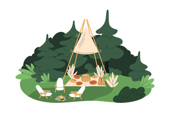 Cozy tipi in forest. Comfortable glamping, glamorous camping with teepee and armchairs, fire on summer holiday. Luxury outdoor recreation area. Flat vector illustration isolated on white background © Good Studio