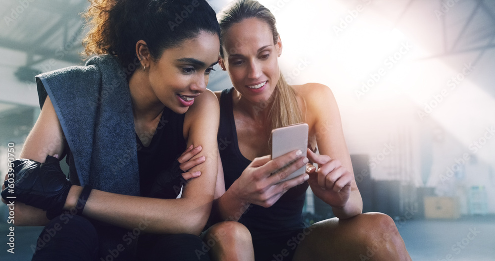 Sticker Fitness, phone and girl friends watching a video in a gym with women and smile from training. Social media app, mobile and female person in wellness, exercise and workout class taking a break