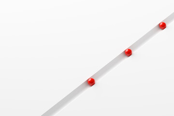 Leadership, organization or order. Red spheres moving or following a path in a row on white background.