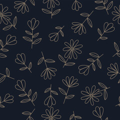 Vector floral doodle seamless pattern. Hand-drawn flower on a dark background. 