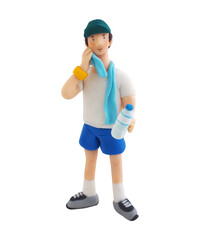 ペットボトルを持ってタオルで汗を拭いている男性（粘土立体イラスト）