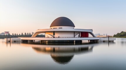 Obraz premium Under the sunlight, an art museum blossoms. Its organic architecture, a harmony of glass and concrete, radiates warm tones, highlighting its unique charm. Generative AI