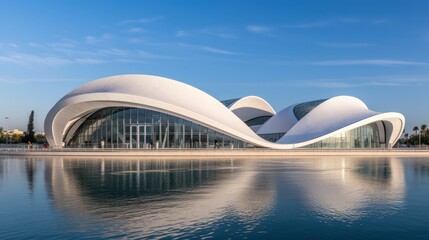 Under the sunlight, an art museum blossoms. Its organic architecture, a harmony of glass and concrete, radiates warm tones, highlighting its unique charm. Generative AI