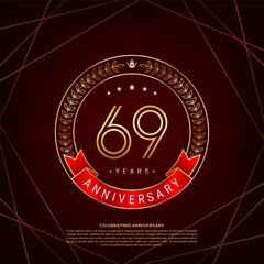 69th anniversary logo with golden laurel wreath and double line numbers, logo design for anniversary celebration event, double line style vector design