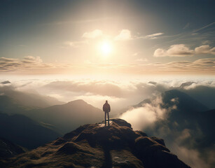 a person standing on top of a mountain viewing clouds and the sunrise, in the style of swiss style, photo-realistic landscapes