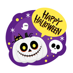 Happy halloween greeting card with cute pumpkin. Holidays cartoon character. Halloween pumpkin head vector.