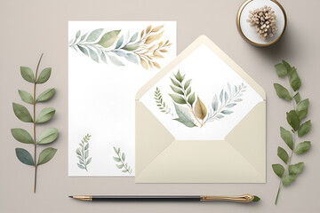 Fototapeta na wymiar Stationery designed in a minimalist style, adorned with a subtle watercolor border of leaves. Watercolor flowers postcard. Generative AI