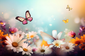 Daisy flowers accompanied by graceful butterflies. Spring and summer background. Generative AI