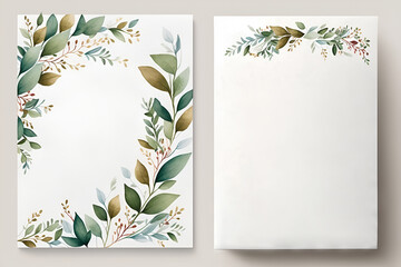 Nature-inspired minimalist stationery with a subtle watercolor border of leaves. Watercolor flowers postcard. Generative AI
