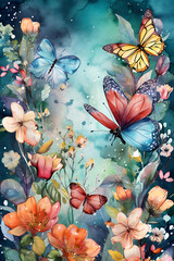 Watercolor spring and summer background with wildflowers and butterflies. Generative AI