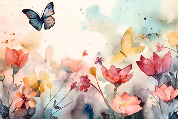 Watercolor illustration with spring and summer wildflowers on a meadow with butterflies. Generative AI content.