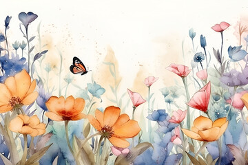 Watercolor illustration with butterfly flying over spring and summer wildflowers. Generative AI