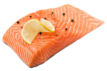 raw salmon, fish isolated on white background, full depth of field