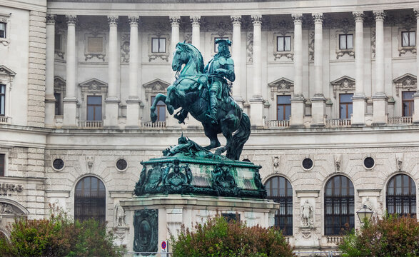 Vienna, Austria - May 2023: Statue of Prince Eugen,Prinz Eugen-Reiterstatue located on Heldenplatz in front of the Baroque Hofburg Palace
