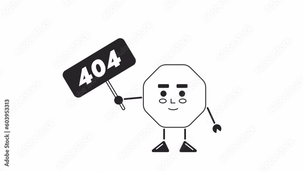 Poster octagon holds bw 404 sign animation. animated octangle nut little guy. empty state 4k video concept 