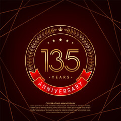 135th anniversary logo with golden laurel wreath and double line numbers, logo design for anniversary celebration event, double line style vector design