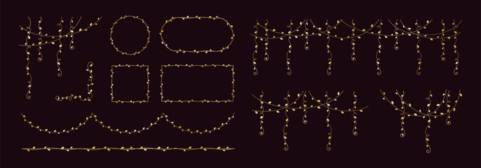 Gold vines frames and borders, golden hanging vine curtain design, botanical elements vector illustration set © Aletheia Shade