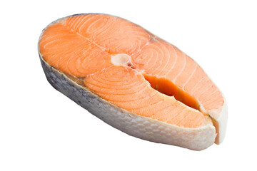 salmon, trout, steak, slice of fresh raw fish, isolated on white background, full depth of field