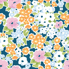 Seamless pattern. Bright abstract floral pattern on a dark green background with a white outline. Illustrations of nature with pink, blue and orange flowers.