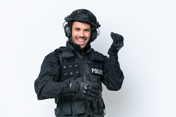 Young caucasian SWAT man isolated on white background making guitar gesture