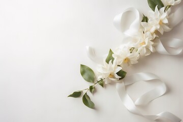 Wedding background with bouquet of white orchids and ribbon